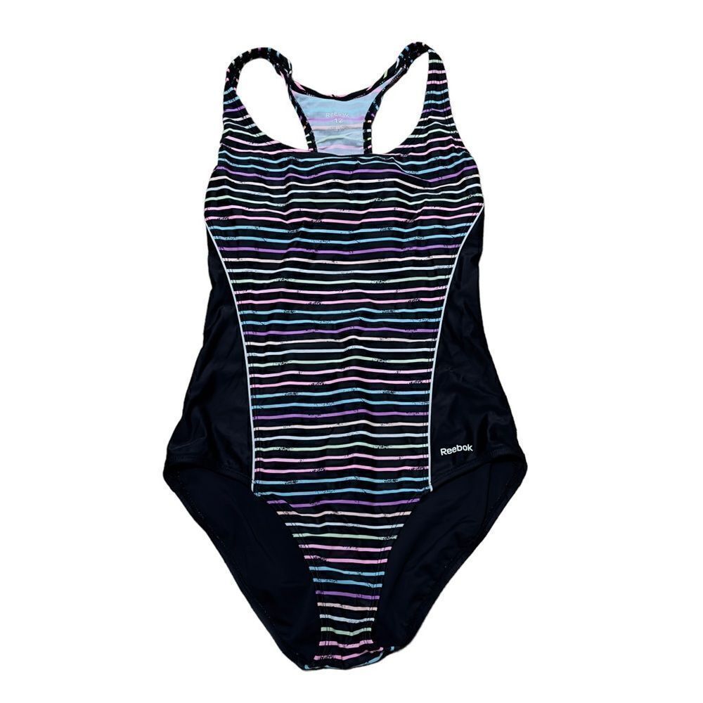 Reebok Swim Colorful Dimension Stripe & Black One-Piece Swimsuit Size 12